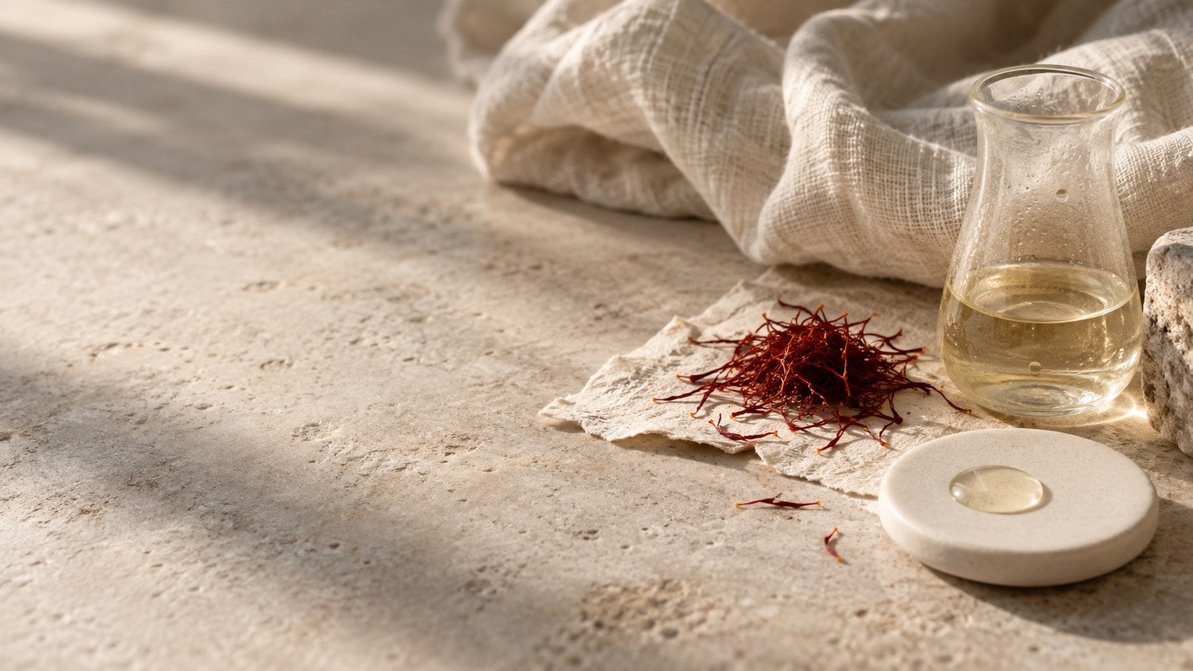 Saffron threads, clear oil and a frosted glass vessel arranged on linen and warm stone in morning light.