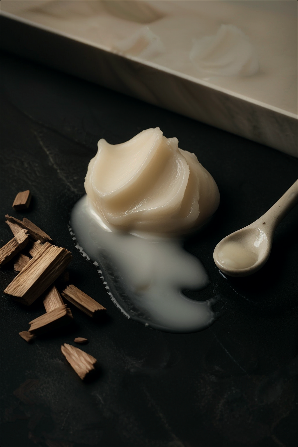 A sandalwood balm melting into a milky veil on deep stone.