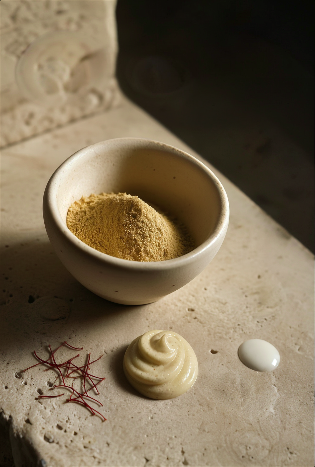 Golden botanical powder blooming into a creamy facial polish in a ceramic bowl.