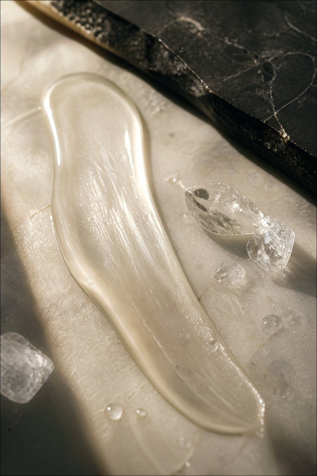 A translucent cooling body oil-gel veil with clear mineral crystals on cool stone.