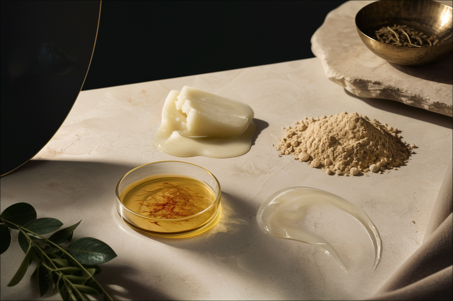 Anvaira ritual textures arranged in ivory, charcoal and gold.