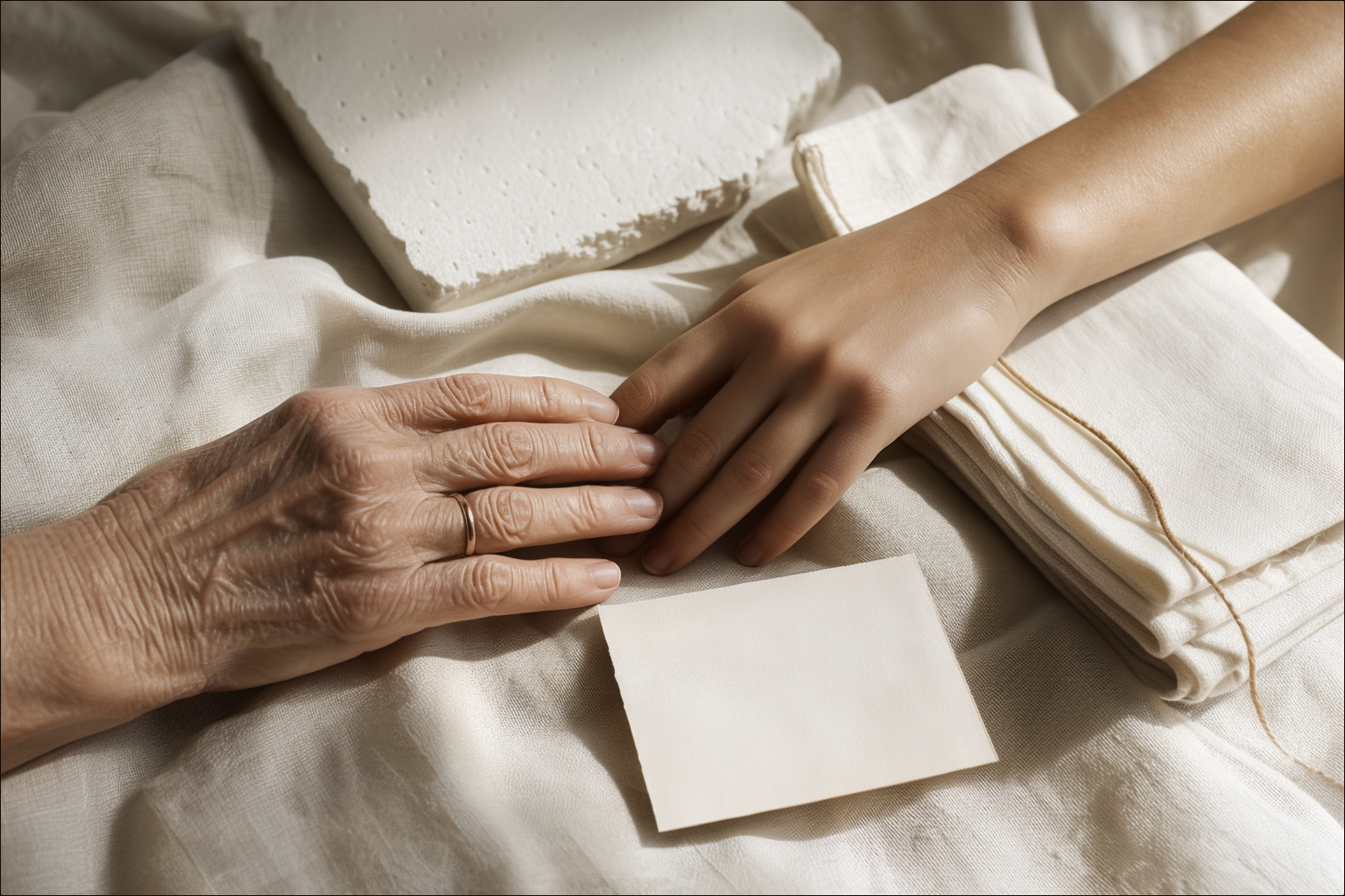 An older hand and a younger hand resting together near folded ivory cloth and a blank card.