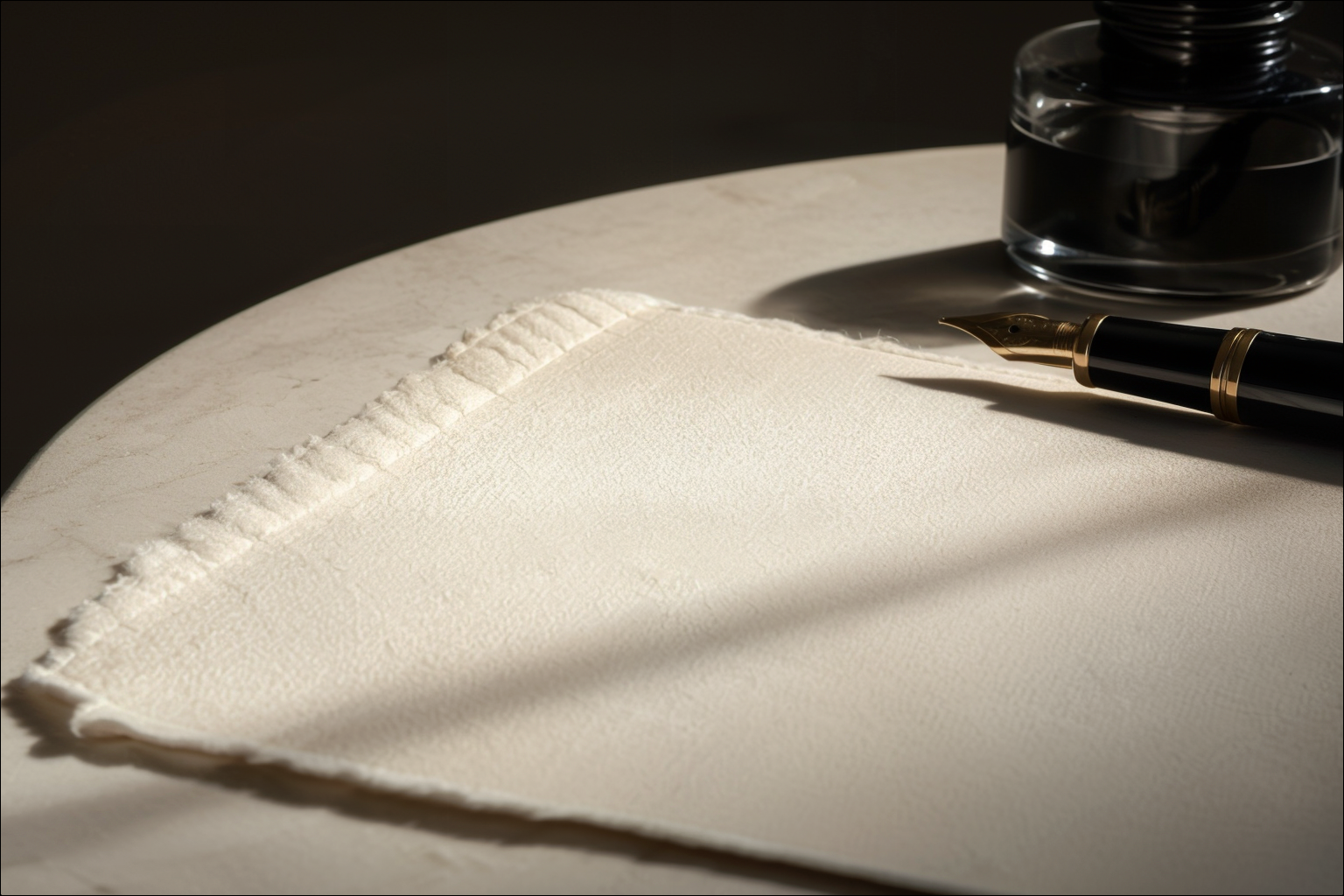 Blank deckled ivory paper with fountain pen and charcoal shadow.