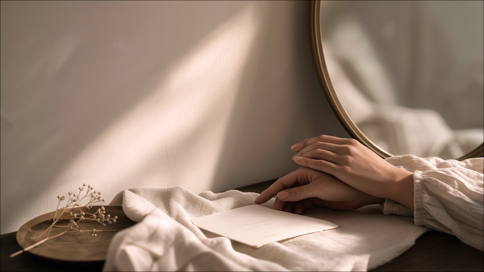 A person resting their hands beside a mirror and blank card before care.