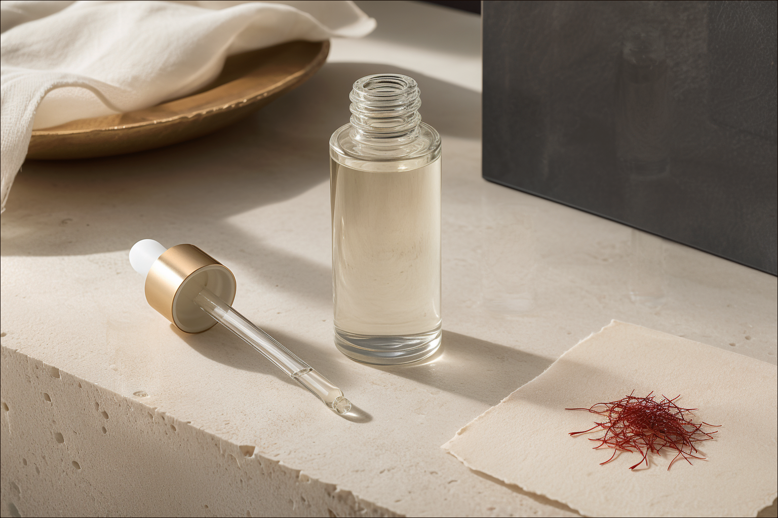 Clear face oil in an unbranded glass vessel on ivory limestone, with saffron kept separately on parchment.