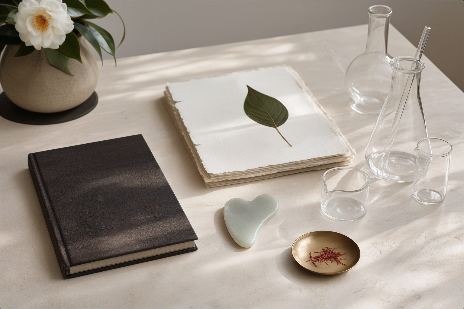 An editorial skincare library of botanical records, ritual tools and formulation glassware.