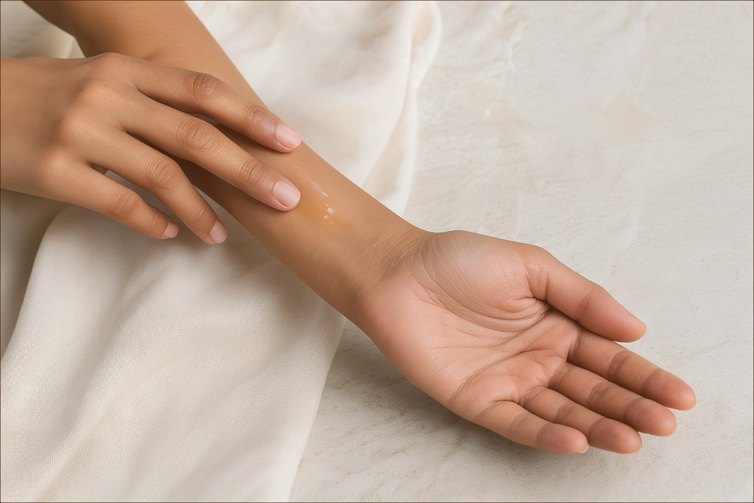 A clear face oil being spread into a restrained veil on a woman’s unretouched forearm.