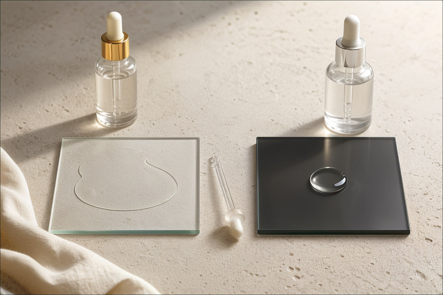 Two clear cosmetic oil textures compared on ivory and charcoal glass plates.