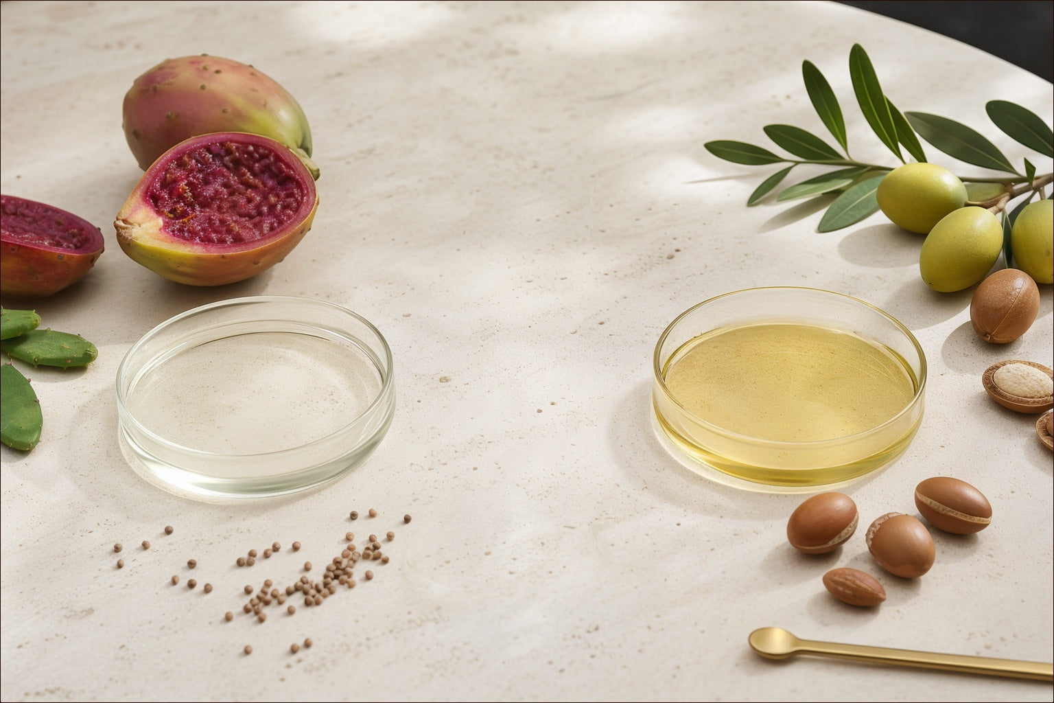 Prickly pear fruit and seeds compared with argan fruit and kernels beside separate clear oils.
