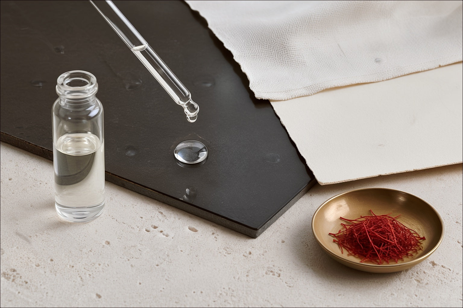 Clear face oil and pipette inspected on charcoal glass with saffron kept separately in a brass dish.
