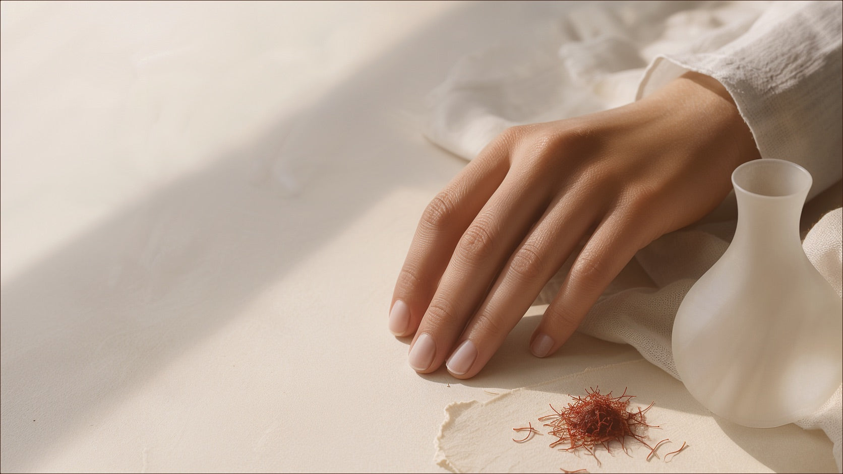 A quiet ivory skincare study with saffron-centered materials around a frosted vessel in morning light.