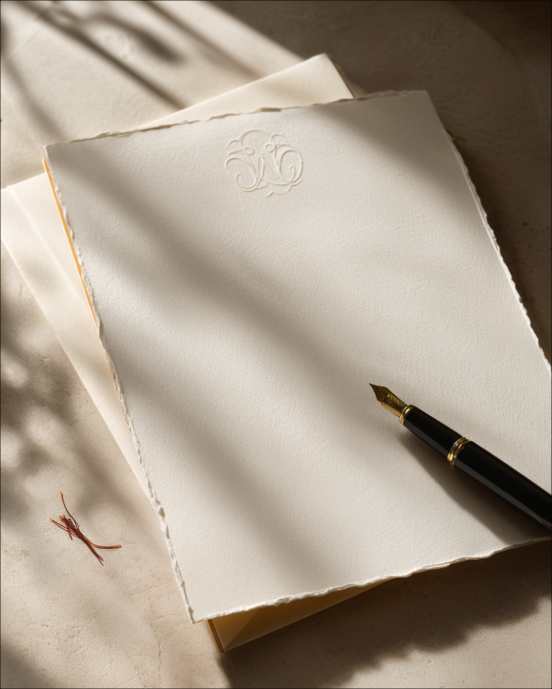 Deckled ivory paper, a black fountain pen and a restrained saffron detail in morning light.