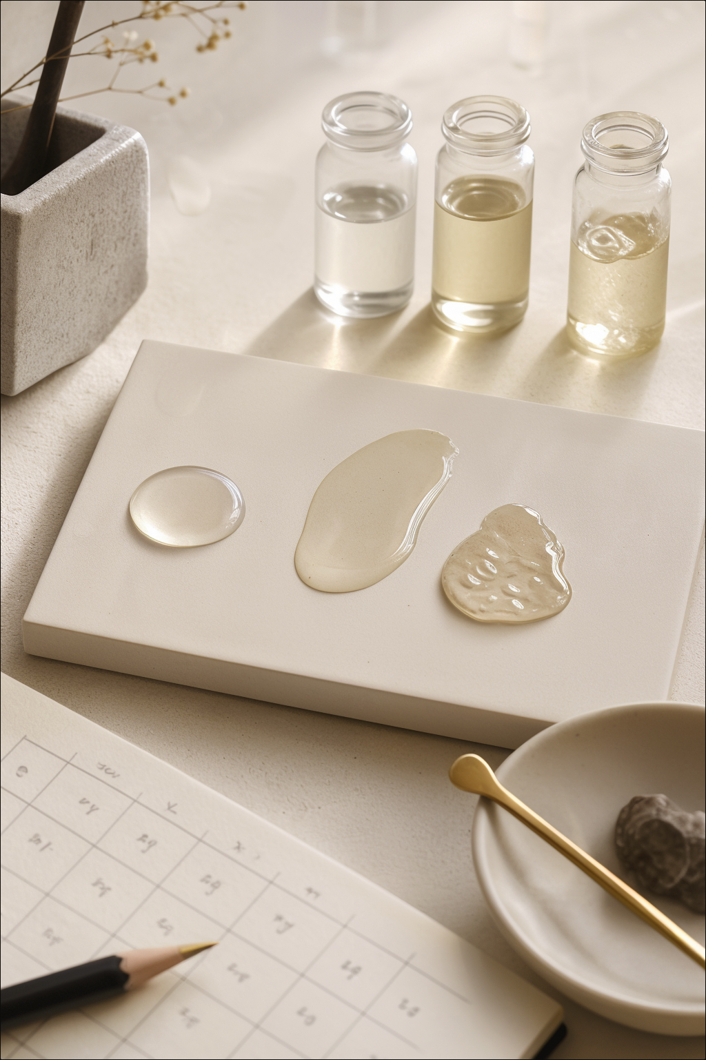 Clear oil droplets on an ivory ceramic testing tile with laboratory vials and formulation notes.