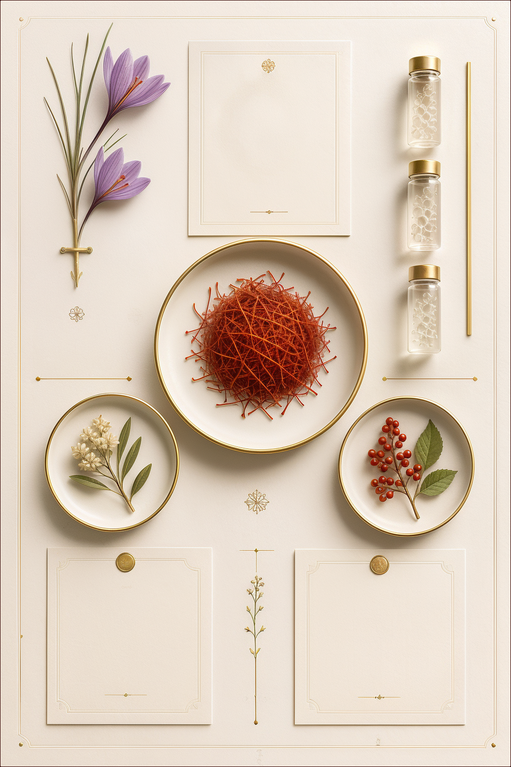 Botanical materials, saffron and clear vials arranged like a quiet ingredient score.