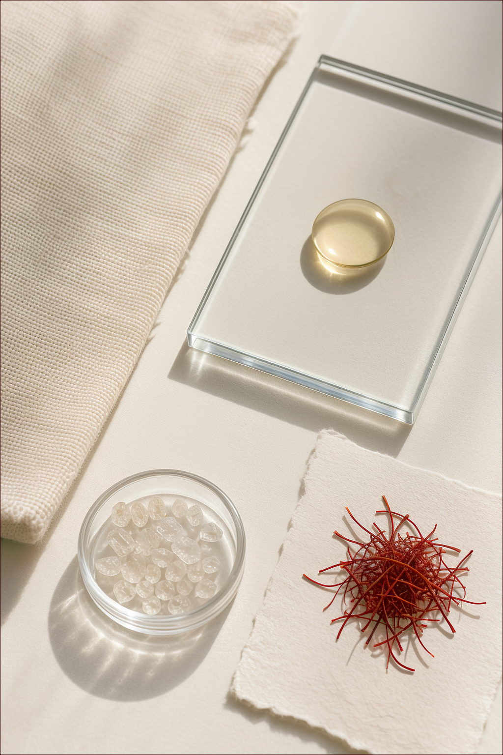 A pale-gold oil drop on a clear glass tile beside ivory linen, saffron and colorless crystals.