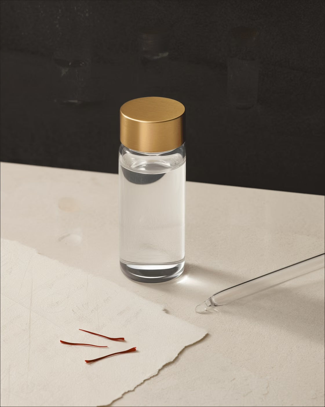 A clear, unbranded Kesar Dew development sample with saffron kept separately on ivory paper.
