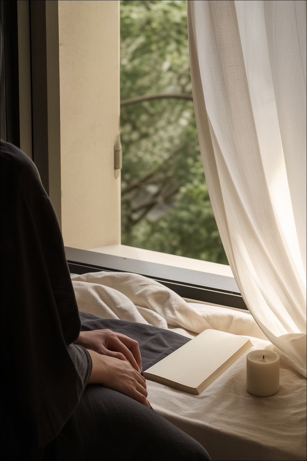 A quiet figure seated by an open window with hands at rest, an unlit candle and a blank book.