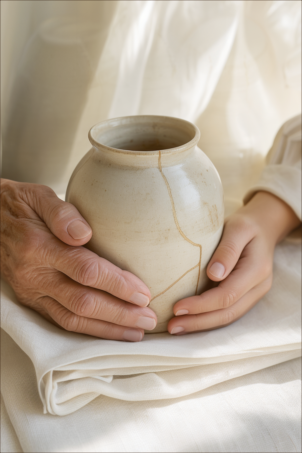 Older and younger hands holding a well-used ceramic jar with a subtle gold repair line.