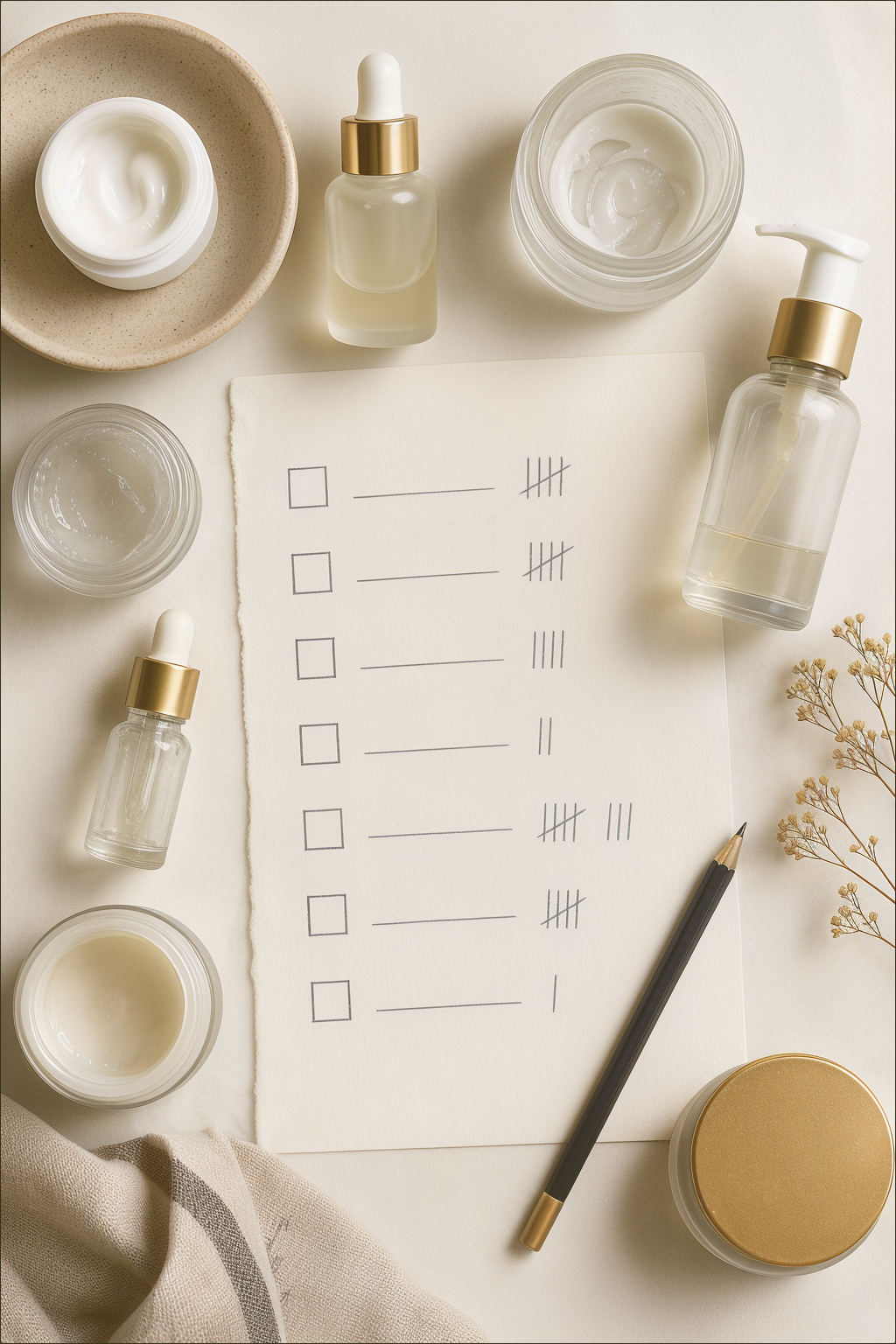 A restrained skincare shelf audit with unbranded containers, pencil marks and ivory paper.