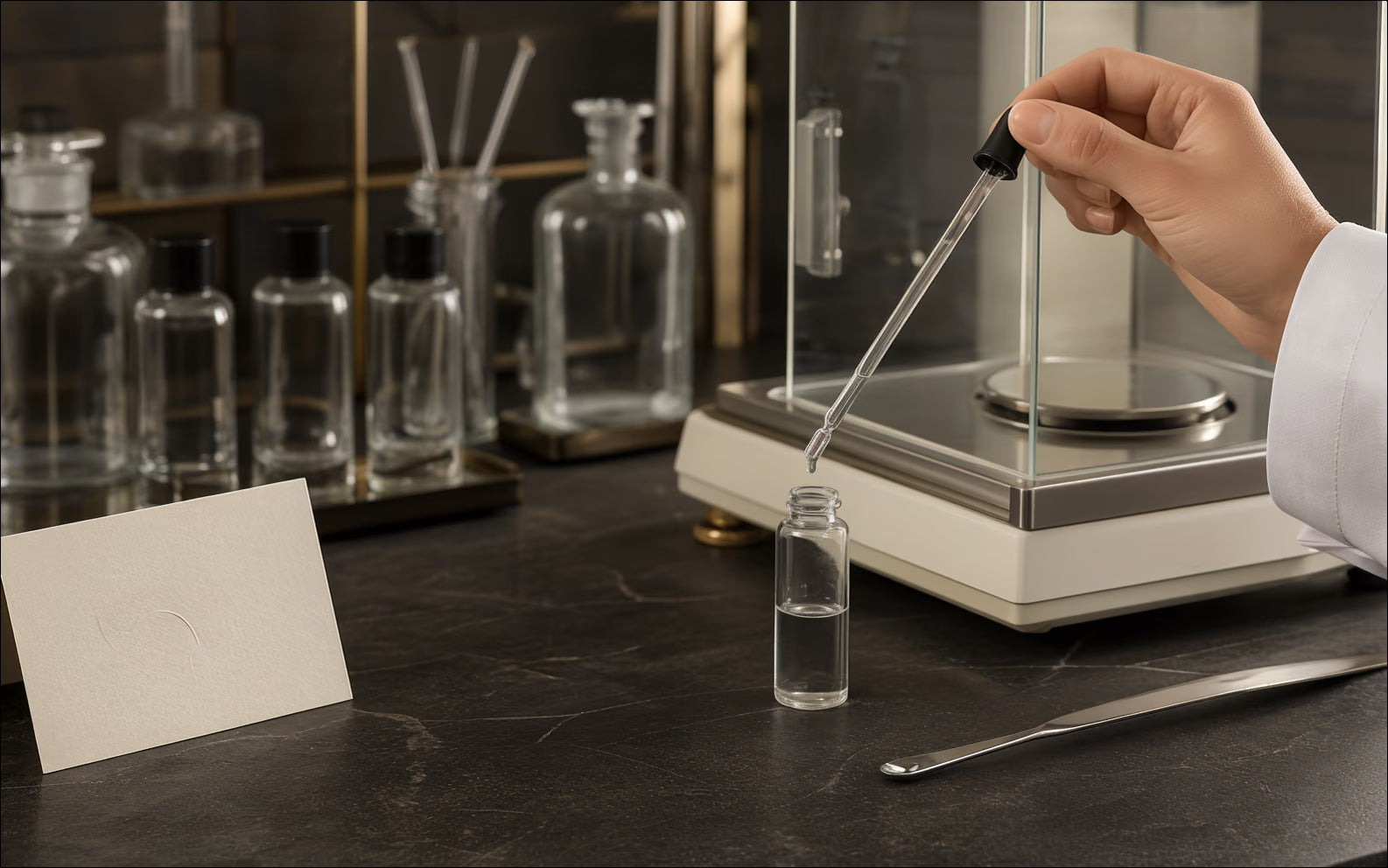 A clear cosmetic development sample is measured on a precise modern formulation bench.