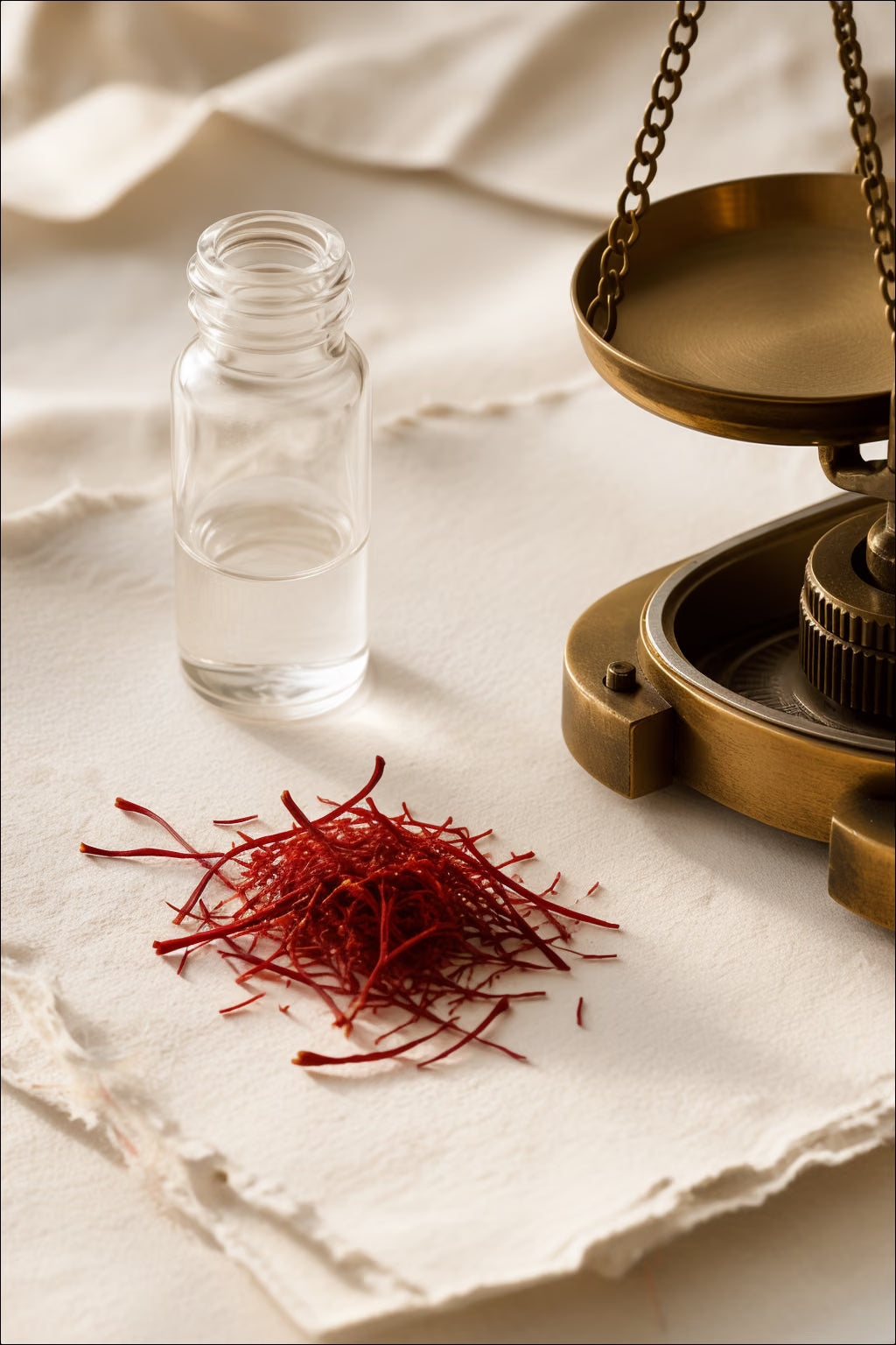 Macro saffron threads on deckled ivory paper beside a clear extract vial and brass precision scale.