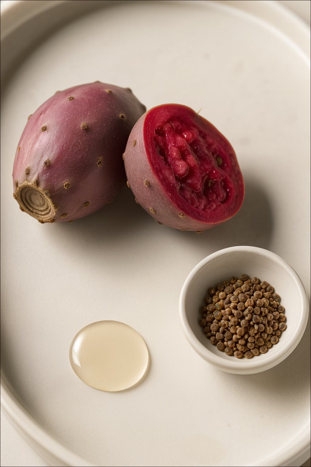 Prickly pear fruit, seeds and a pale oil droplet arranged on ivory ceramic.