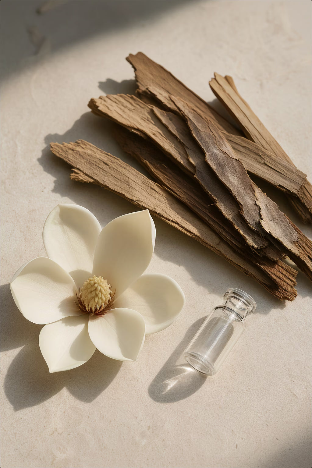 Pale magnolia bark strips, a cream magnolia flower and a clear laboratory vial on warm ivory stone.