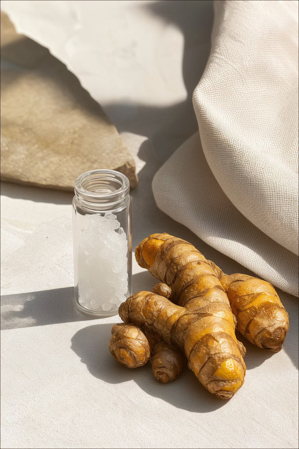 Golden turmeric root beside a clear vial of colorless tetrahydrocurcumin crystals and unstained ivory linen.