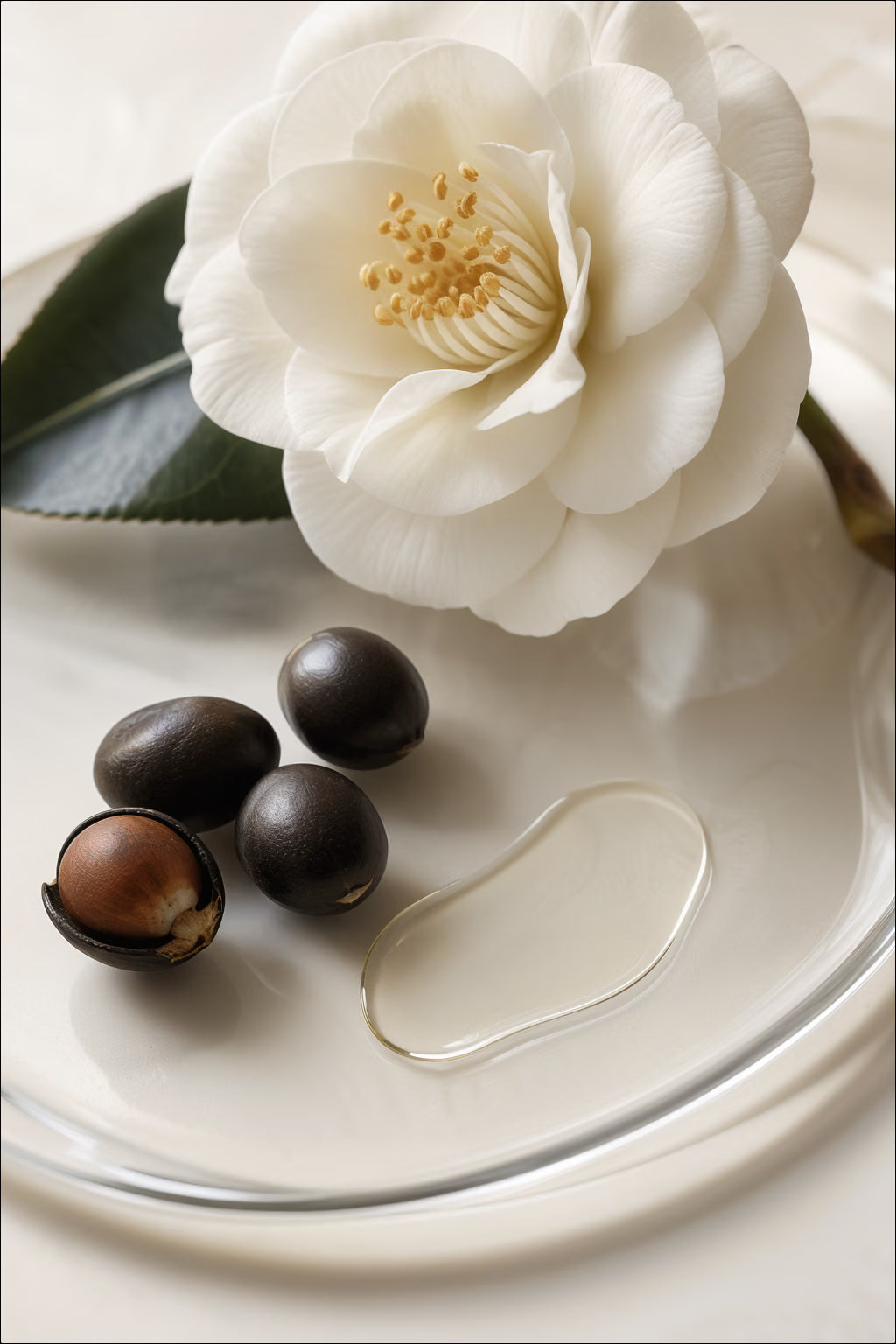 White camellia flower, glossy dark camellia seeds and a clear oil droplet stretched thin on ivory glass.