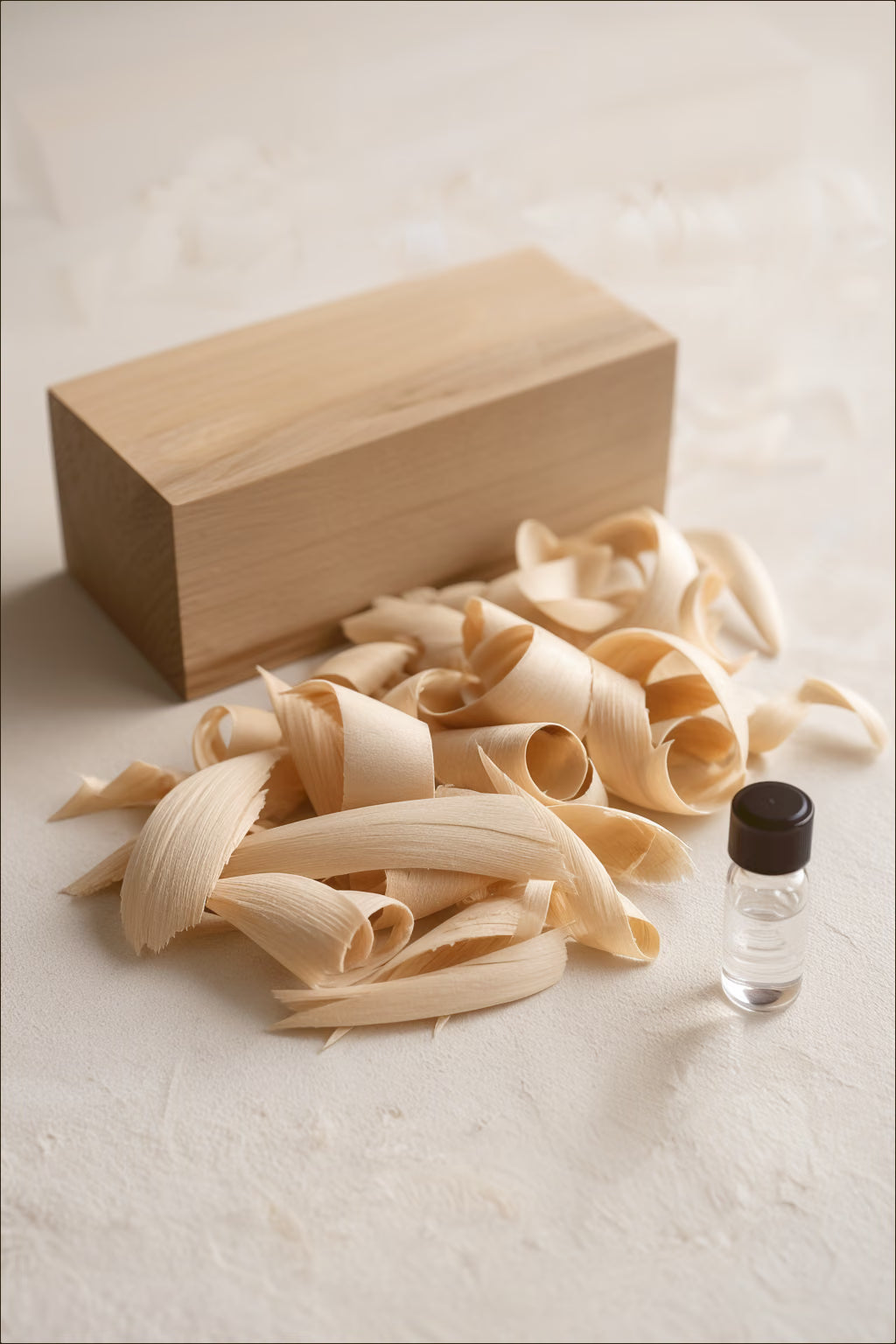 Pale sandalwood shaving curls, a smooth wood block and a clear fragrance vial on an ivory surface.