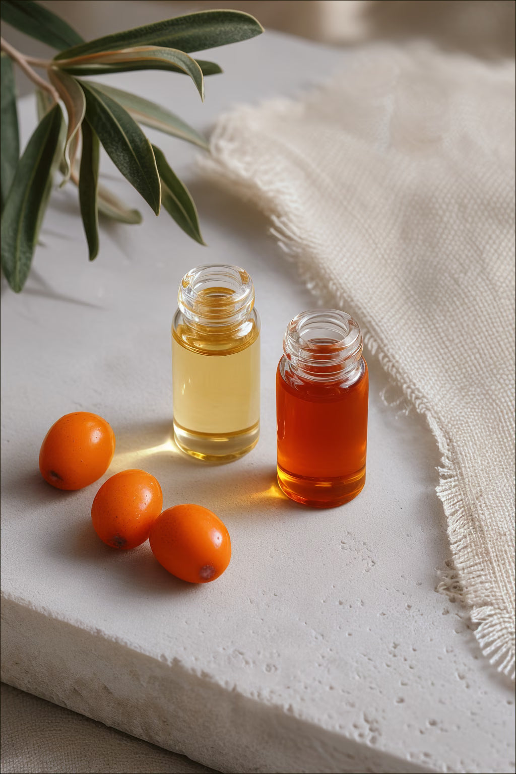 Sea buckthorn berries beside pale gold and deep orange material vials on ivory linen.