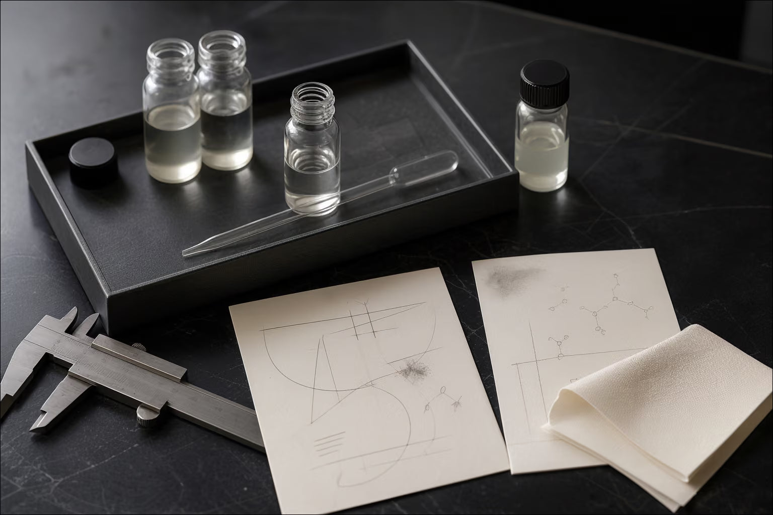 A founder's handwritten formula notes, clear sample vial and fountain pen arranged on an ivory and charcoal work surface.