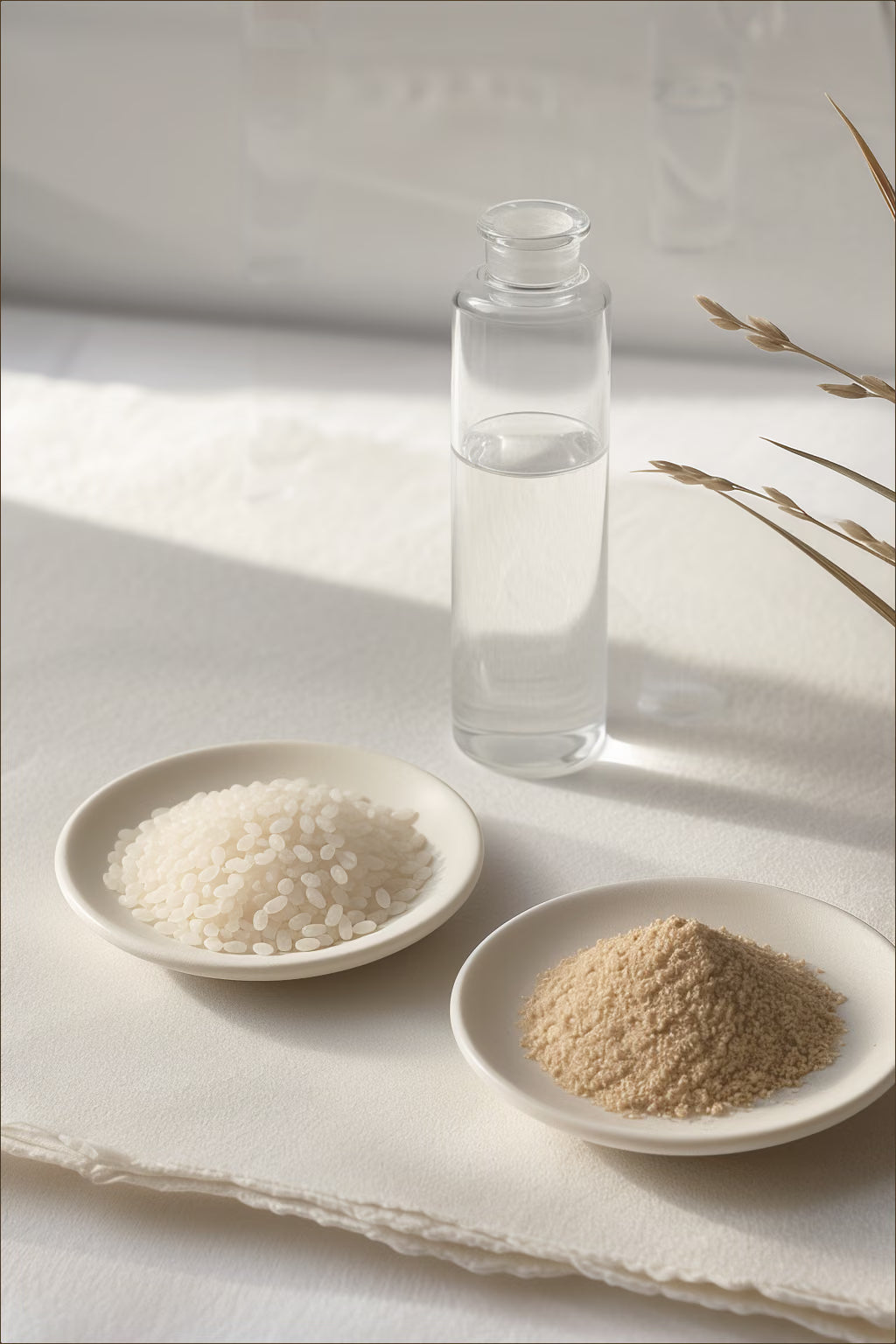 Rice grains and bran in ivory dishes beside a clear vial on textured paper.