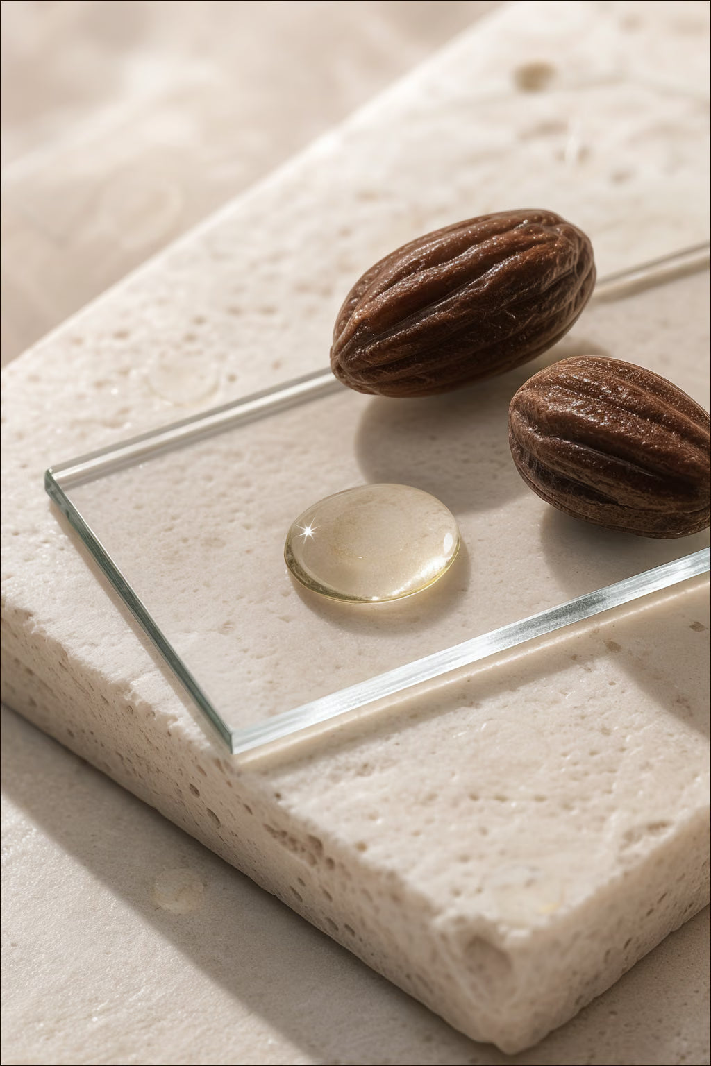 Jojoba seeds, a pale yellow clear droplet and a glass slide on ivory stone.