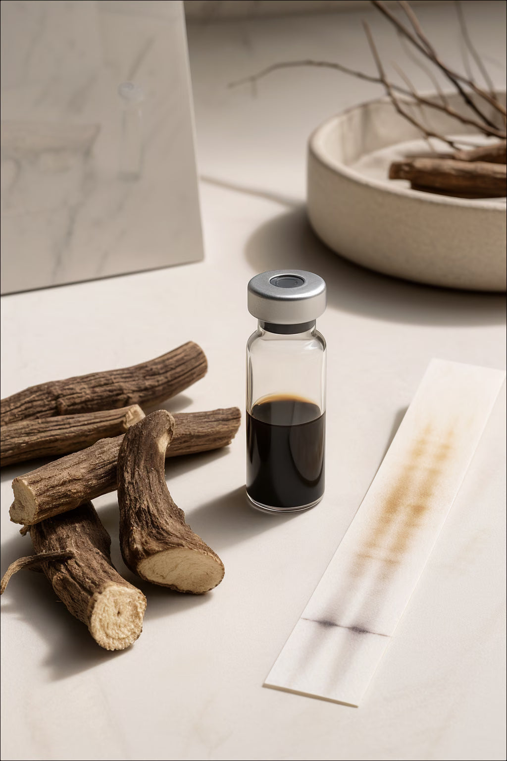 Licorice root pieces beside a clear extract vial and pale chromatography paper in ivory and charcoal light.