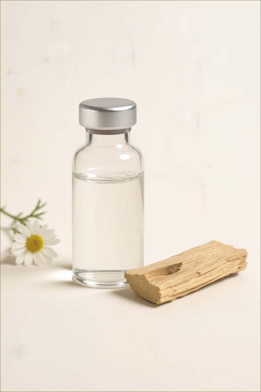 A clear bisabolol vial beside pale candeia wood and a white chamomile flower on an ivory lab surface.