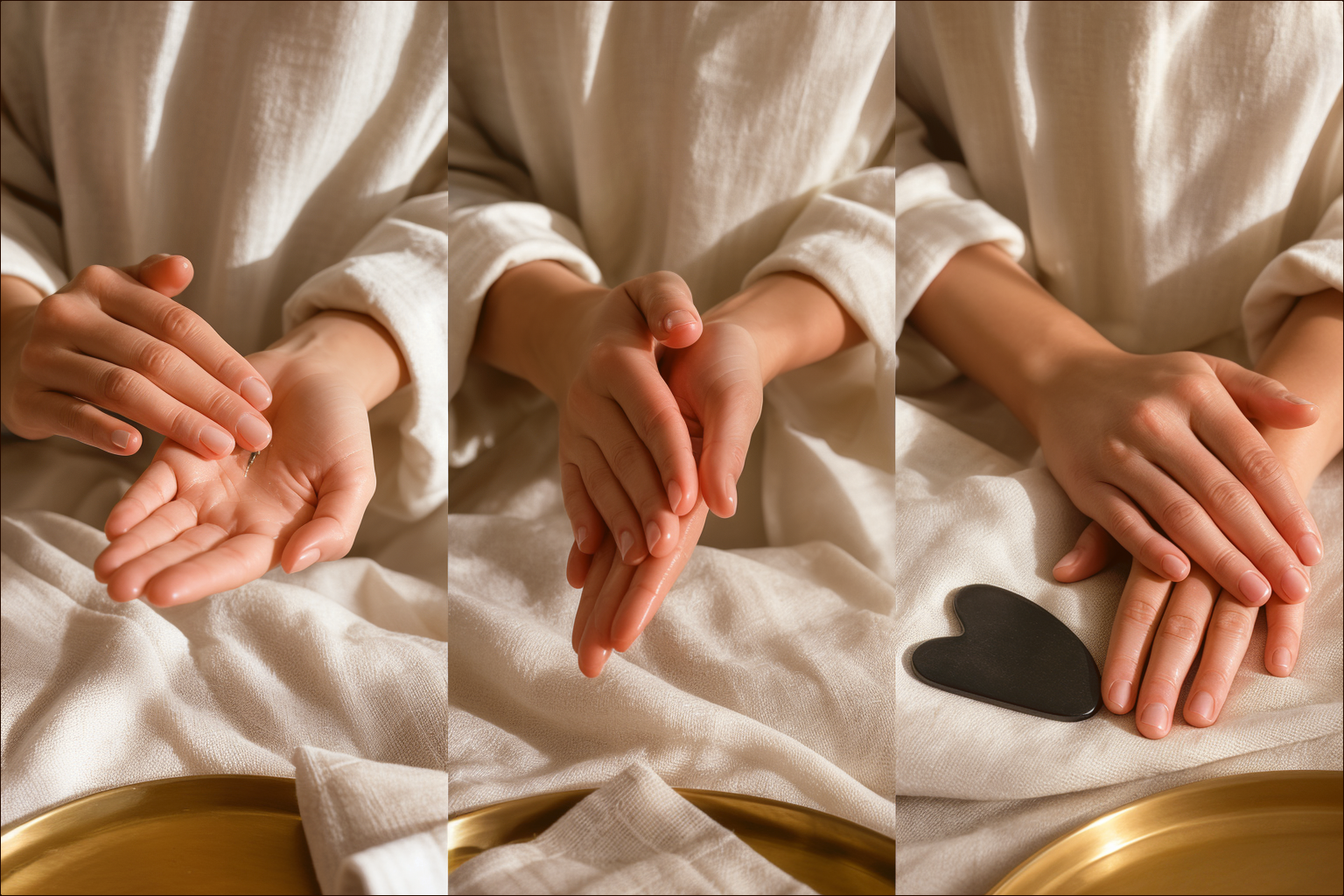 Hands warming oil, pressing palms and resting near a gua sha tool in ivory morning light.