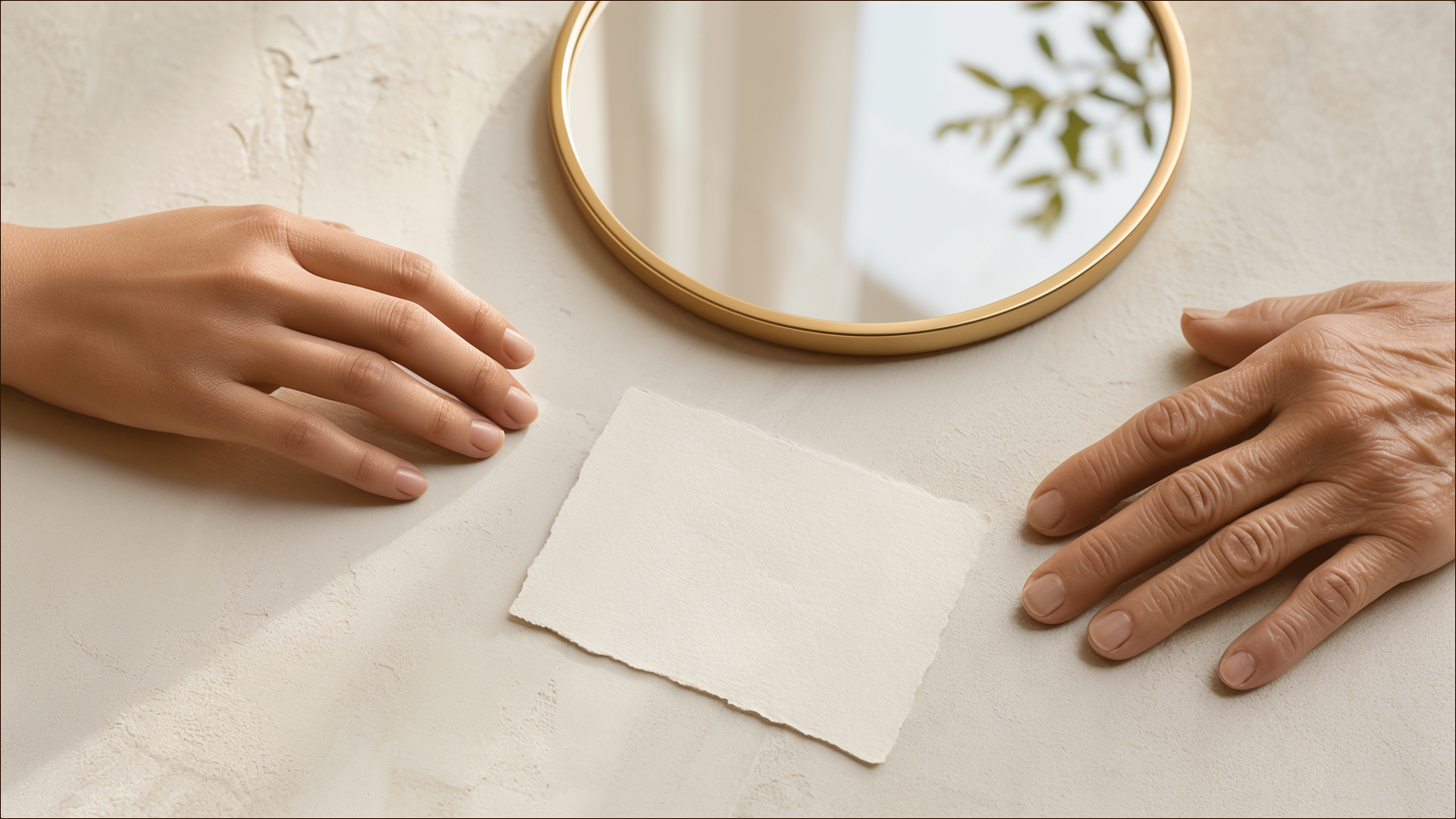 Two generations of hands near a blank deckled card and gold-rimmed mirror in ivory morning light.