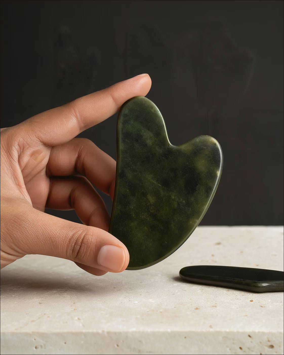 A polished nephrite jade edge studied against realistic skin and ivory cloth.
