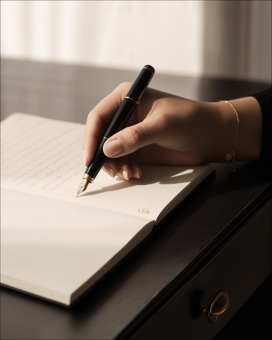 A founder artifact: hand, fountain pen and ivory notebook in quiet morning light.