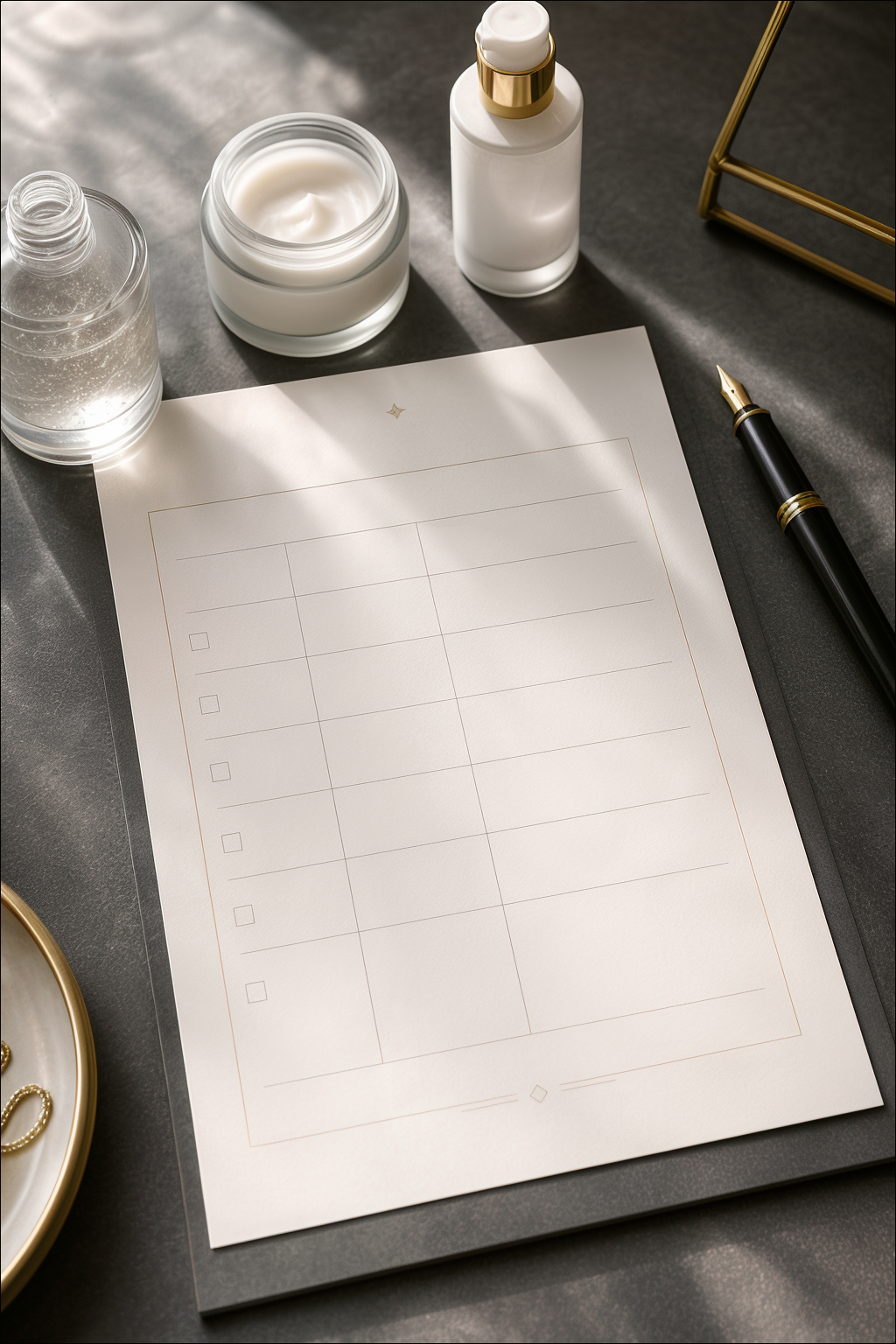An ivory routine edit worksheet beside unbranded skincare vessels and a fountain pen.