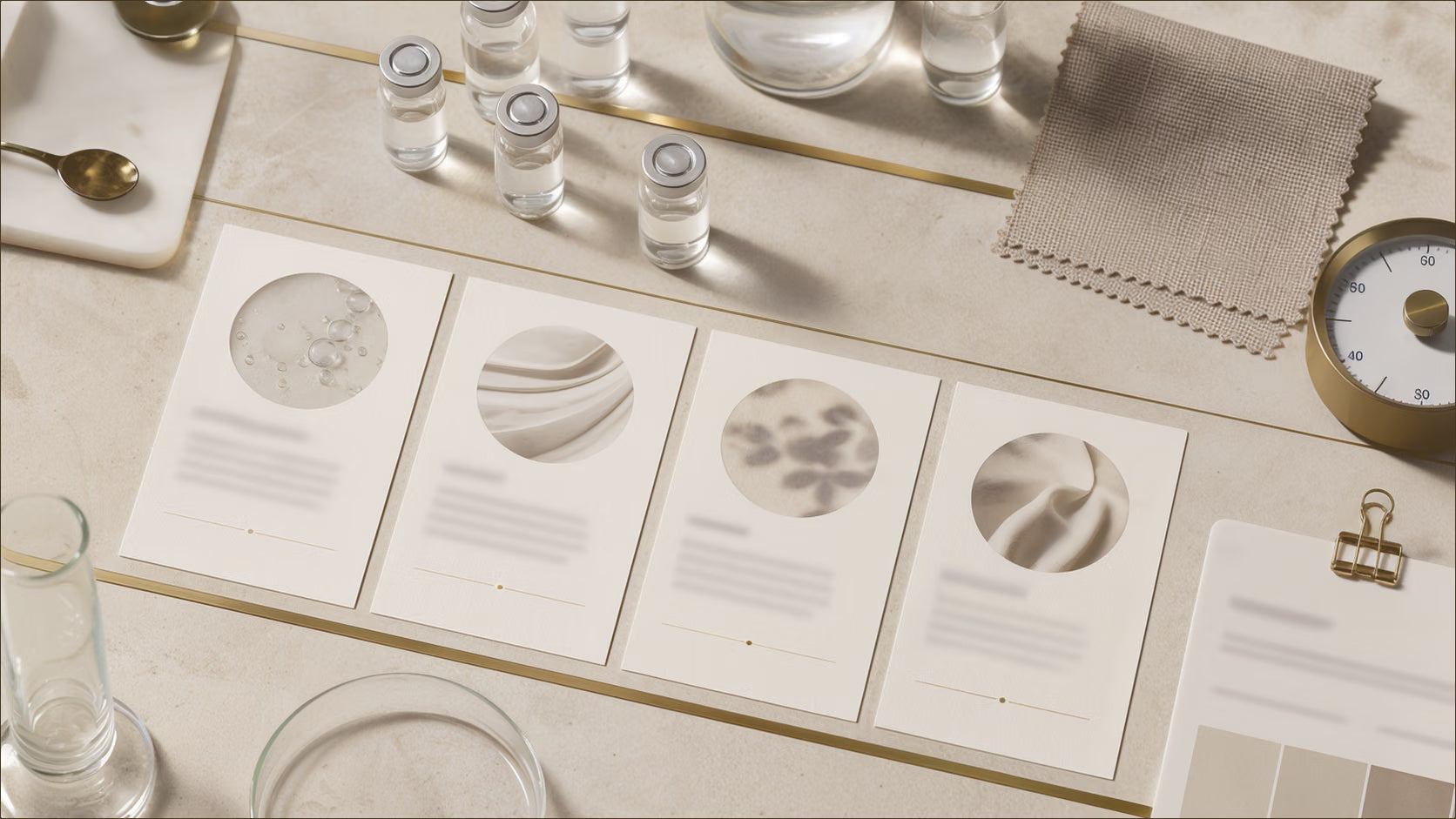 An editorial evidence archive with formula samples, material swatches and written records.